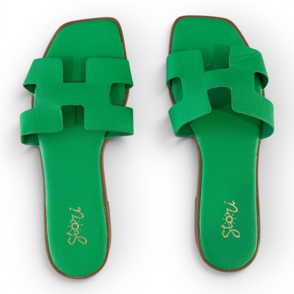 Stori Womens Green H-Strap Slide Sandals Square Toe Flat Summer Shoes Size 6